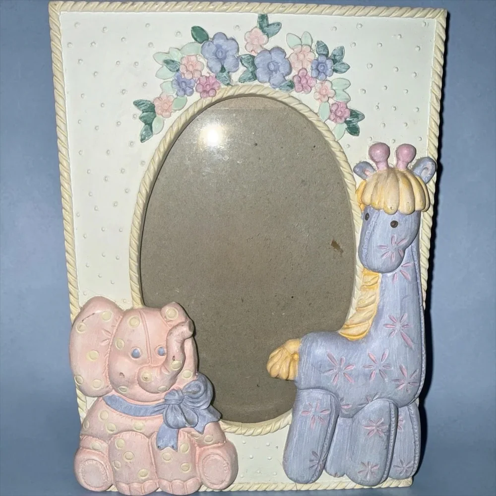 Vintage Baby Nursery Picture Frame 3D Elephant‎ Giraffe Floral Oval Photo Cream